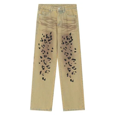 Custom Men's Y2K Jeans Baggy Retro Washed Leopard Print Khaki Straight Leg Pants Button Zipper Fly Campus Street for Men