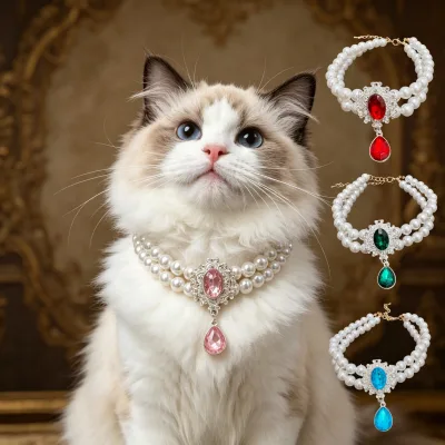Vintage Double Pearl Pet Necklace With Gem Pendant, Adjustable Elegant Cat Dog Jewelry Collar for Photo Props