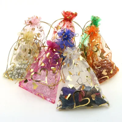 7X9Cm Square Small Ready Ship Stock Hot Gold Printing Heart Drawstring Organza Wedding Gift Bag Pouch Wholesale