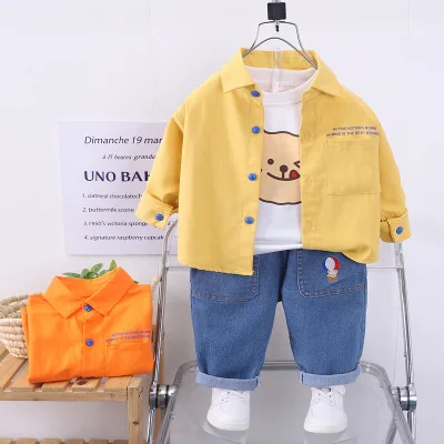 Spring Autumn Baby Boys Cartoon Bear Design Long Sleeve Button Shirt Jacket & Corduroy Jeans 3-Piece Casual Tracksuit Set
