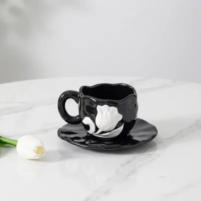 Wholesale Light Luxury INS Style White Rose Embossed Ceramic Coffee Cup and Saucer Set Couple Mug Gift Box