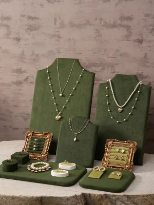 Jewelry Display Stand Green Velvet Set Mannequin Neck Form Photo Frame Earring Holder Necklace Rack
