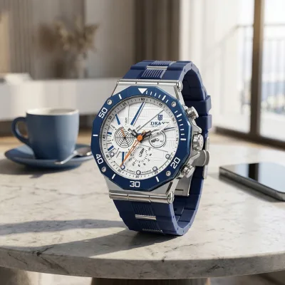 Custom Logo Fashion Men's Quartz Watch Japan Movement Blue Silicone Strap Waterproof Quartz Stainless Steel Back Watch