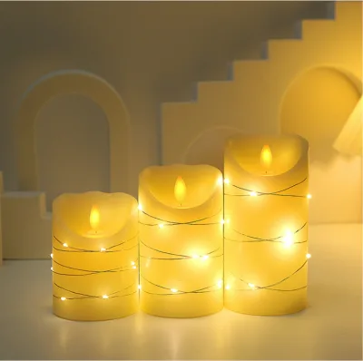 Hot Sale Embedded String Lights Flickering Flameless Safety Candles Ivory Real Wax Pillar with Battery Operated LED Candle