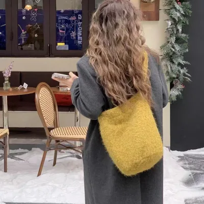 Unisex Yellow Woolen Tote Shoulder Crossbody Zipper Closure Fall Winter Floral Pattern Handbag for Casual or Work Wear