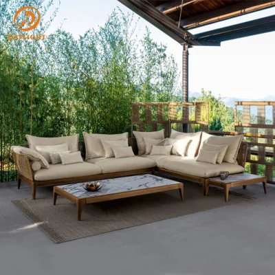 Luxury Natural Wood and Rattan Outdoor Sectional Sofa Set Tropical Resort Style L-Shaped Lounge Furniture & Marble Coffee Tables