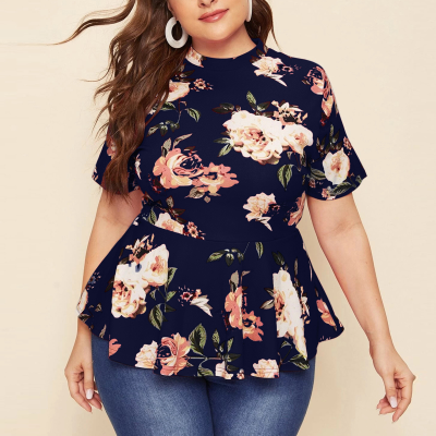 2022 Femme Spring Summer Casual Peplum Slim Top Womens Plus Size Floral Blouse