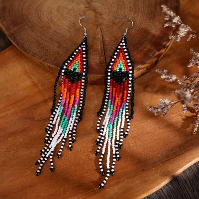 Boho Beaded Tassel Earrings for Women Handmade Colorful Long Fringe Dangle Ethnic Statement Hook Earrings Jewelry