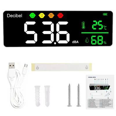 Wall Mount 3-in-1 Decibel Meter Large LED Display Noise Temperature Humidity Monitor with Manual Calibration & Type-C Port