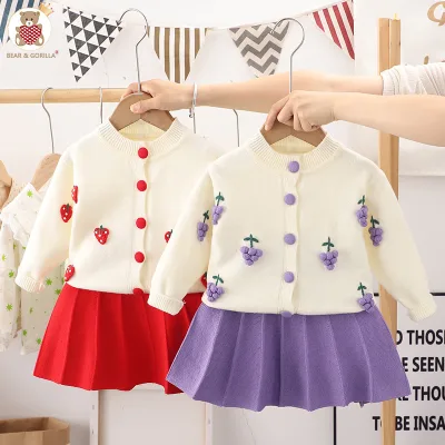 Girls 7 Years Autumn Casual Solid Breathable Polyester/Cotton Worsted Fabric Sweater Cardigan Pleated Skirt Two-Piece Set Front
