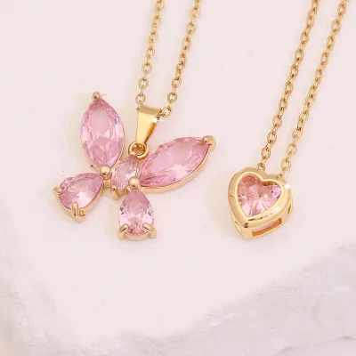 Unisex 18K Stainless Steel Necklace Love Flower Butterfly Zircon Pendant Cute Pink Link Chain Fashion Beaded Necklaces Gift