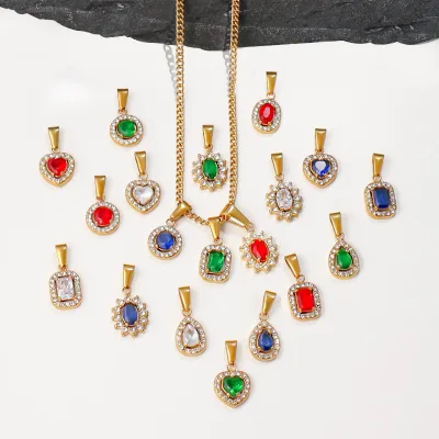 Hot Selling Geometric Heart Square Water Drop Zircon Stone Pendant Diy Jewelry Accessories Inlaid Diamond Trendy Pendants Charms