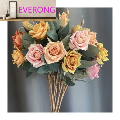 3 Flower Heads Curly Rose EV-271 Wholesale Spun Silk Cloth Rose Factory Hot Sale Single Rose Good Quality