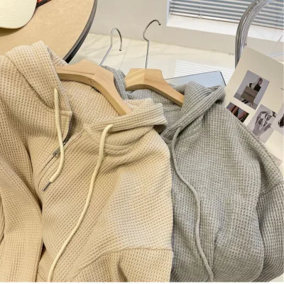 Waffle Knit Zip up Hoodie Jacket Women Casual Loose Full Zip Hooded Sweatshirt Solid Color Lightweight Outerwear