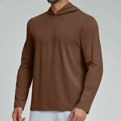 Breathable Soft Elastic Nylon Casual 4 Solid Colors Plain Hooded  Long Sleeves Tops Hoodie Custom Fitness Shirts for Men