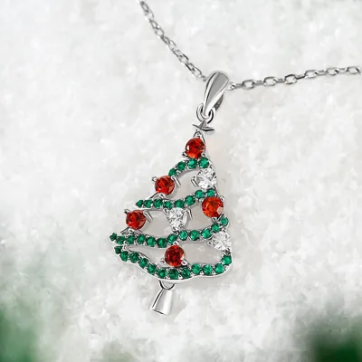 Women's Fashion Christmas Tree Necklace Shiny Colorful CZ Diamond Crystal Pendant Wholesale Christmas Jewelry Gift