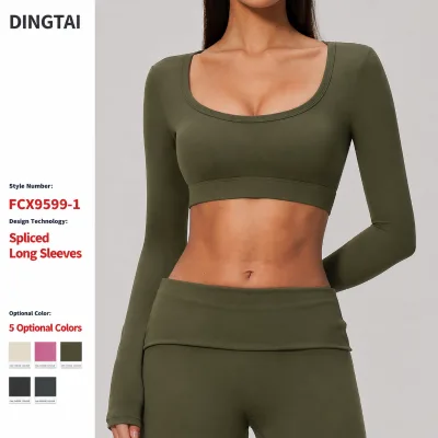 Dingtai Women U Neck Brushed Long Sleeve Crop Top Chest Length Slim Fit Built-in Pads Quick Dry Gym Shirt GCC Certified