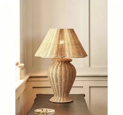Japanese Wabi-Sabi Style Rattan Table Lamp, Designer Living Room Decor, Vintage French Bedroom Bedside Handmade Lamp