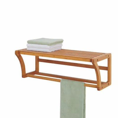 Natural Bathroom Storage Rack Wall Mounted Bamboo Wall Shelves With Towel Bar Holder