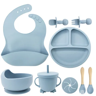 9-Piece Silicone BPA Free Food Grade 6-Month-Old Baby Feeding Set with Sippy Cup and Baby Bowl