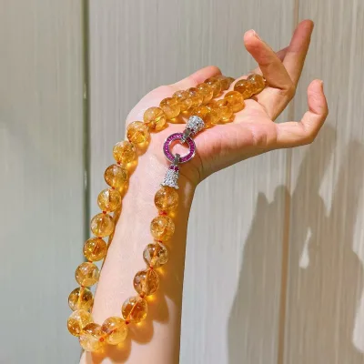 Large 12mm Natural Yellow Crystal Necklace Fashion Beaded Collarbone Chain