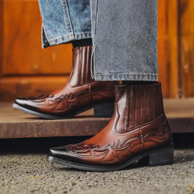 BUSY GIRL AF4776 Factory Wholesale Manufacturer High Quality Leather Vintage Embroidery Block Heels Western Men's Cowboy Boots