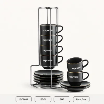 Stackable Matte Black Ceramic Espresso Cup and Saucer Set of 4 with Metal Rack | 4oz Gold Rim Porcelain Coffee Cup