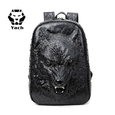 Best Selling Pu Leather Backpack Men's Laptop Bag Female 3d Wolf Head Personality Motorcycle Tactical Men Pu Backpack