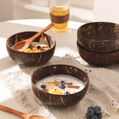 Classic Artisan Natural Coconut Wood Handicraft Bowl Acai Smoothies Eco-friendly Biodegradable Kitchenware Custom Logo Package