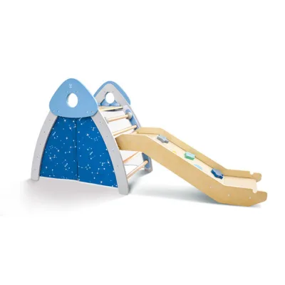 4-in-1 Wooden Toddler Climb and Slide Gym Set with Star Pattern Tent Design, Unisex Indoor Playground and Home Use