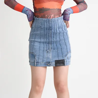 Custom Pleated Skirt  Versatile Denim Skirt High Waisted Retro Pressure Line Design Fashionable Hip Wrap Skirt for Women