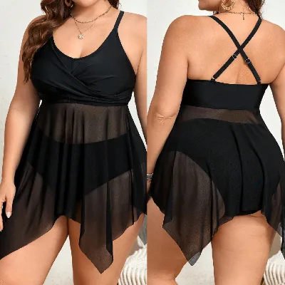 2025 High-Stretch Polyester Tankini Swimsuit Solid Color Plus Size Two-Piece Bikini with Vest Style Cover Ups