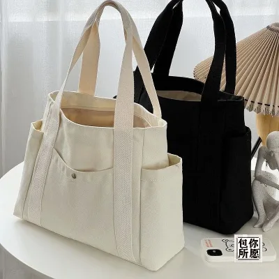 Factory Custom logo Printed Organic Cotton Canvas Tote Mommy Bag Reusable Shopping Shoulder Bag Picnic Strap Outside Pocket