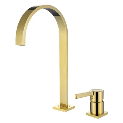 Square Tube High Arc C Bend Basin Faucet Two Hole with Short Wing Cylinder Lever in Polished Gold Deck Mount