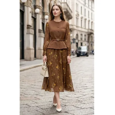 High Quality Chiffon Dress 2026 Spring Women Yellow Floral Print Lurex Yarn Patchwork Long Sleeve Mid-Calf Orange Black Dress