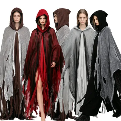 Women Medieval Gothic Hooded Cape Distressed Ripped Tassel Poncho Loose Woven Shawl Witch Wizard Cloak for Halloween Cosplay