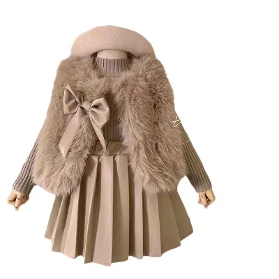 Girls' 3pcs/Set New Party-Style Leather Sweater Coat Vest with Velvet Plaid Pattern Worsted Fabric Leather Skirt Girls Clothing