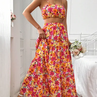 Backless Halter Women Summer Casual Floral Printed Crop Top and Long Skirt Set