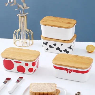 Hotsales Wholesale Custom Rectangle Butter Container Ceramic Butter Dish with Bamboo Lid