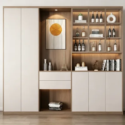 Neutral Tone Integrated Wall Wine Cabinet Hidden Storage Glass Showcase for Residential Home Interior Design