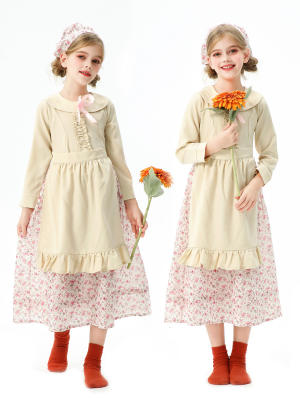 Halloween Kids Pastoral Farm Maid Costume Floral Dress Girls Stage Performance Outfit