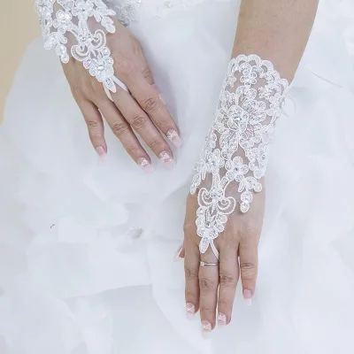 Go Party Wedding Bridal Short Fingerless Tulle Arm Sleeves Lace Mesh Sequins Rhinestone Flowers Hook Mittens for Women Girls
