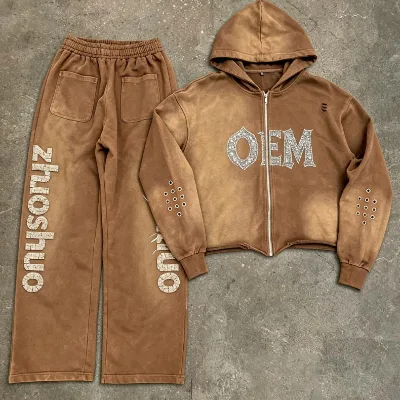 OEM Distressed Zip up Hoodie High Street Vintage Fashion Cotton Custom Screen Printing Oversize Acid Wash Set Rhinestones Logo