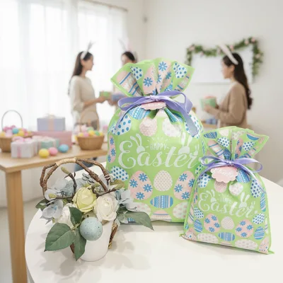 Green Color Cartoon Pattern Non Woven 75gsm Fabric Custom Size Screen Printed Custom Logo Gift Packaging Drawstring Bags Easter