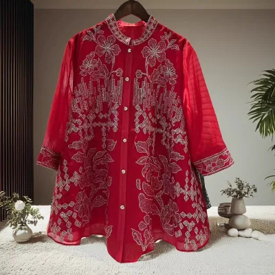 Plus Size Blouse Shirts 2026 Spring Fashion Women Allover Flower Embroidery Beading 3/4 Sleeve Elegant Loose Red Yellow Shirt