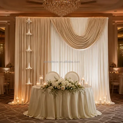 ANNIELU Champagne Ivory Two Layer Backdrop Curtain Wedding Swag Drape Pearl Trim Lily Flower Decoration Event Background Panel