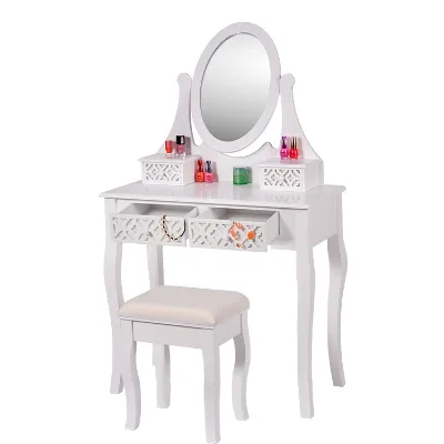 Luxury Modern Bedroom Furniture Set Customized 100% MDF Solid Wood Bed Dressing Table Stool Carved Carving Cheap Girls' Bedroom
