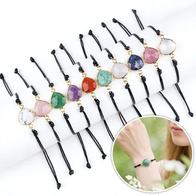 Wholesales Gold-plated Natural Rose Quartz Teardrop Bracelet Bohemian Style Adjustable Crystal Healing Stone Charm for DIY Gift