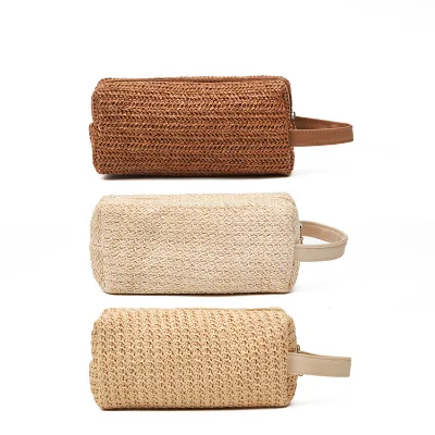 Wholesale Eco-Friendly Holographic Straw Weaving Zipper Closure Portable Small Cosmetic Storage for Pouch Makeup Bag