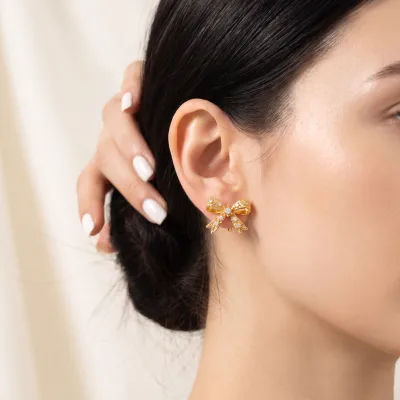 Bow Zircon Spiral Clip on Earrings Non Pierced Earrings Gold Comfort Coil Copper Jewelry Elegant Design